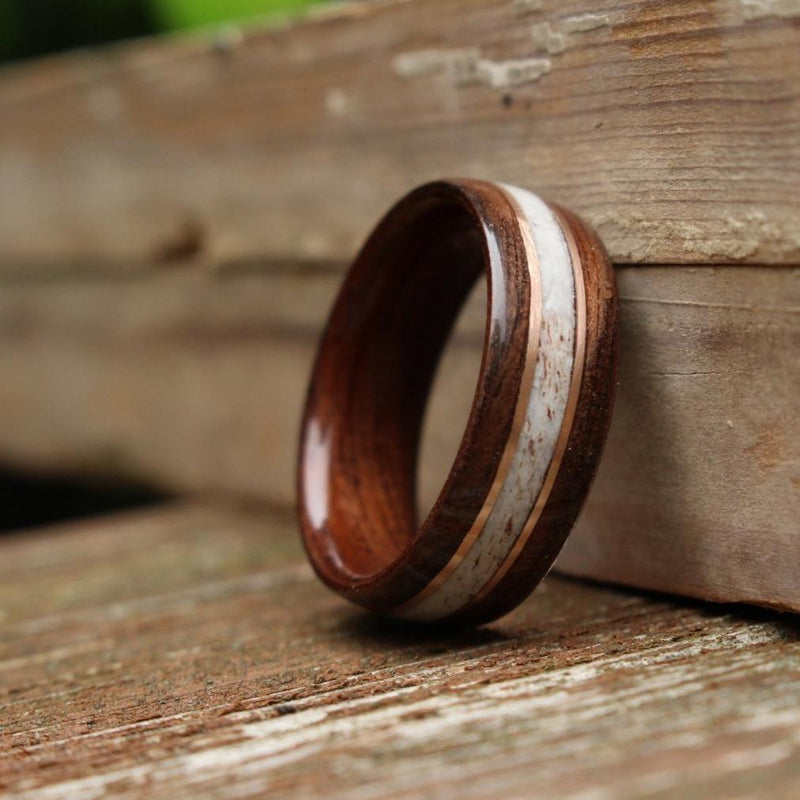 (In-Stock) Antique Walnut w/Elk and Double Rose Gold - Size 9.75/9 mm Wide