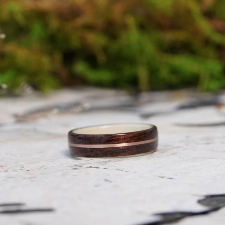(In-Stock) Antique Walnut and Holly w/ Rose Gold Inlay - Size 7/5.5 mm Wide