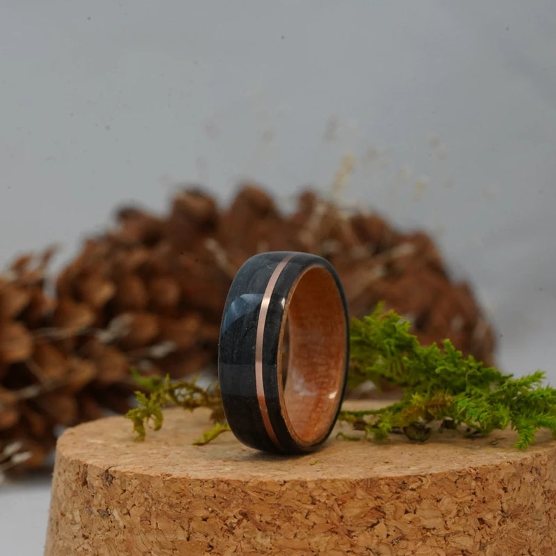 (In-Stock) Weathered Buffalo Trace Whiskey/Natural Black Cherry Liner w/ Offset Bronze Inlay - Size 9.75/9 mm Wide