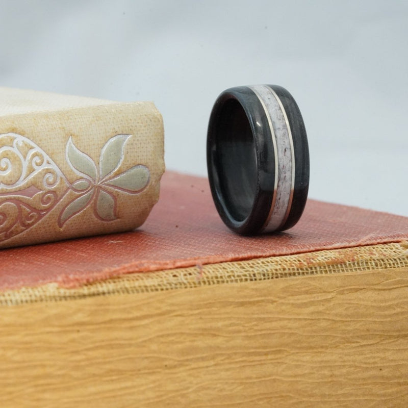 (In-Stock) Weathered Jack Daniel's & Elk w/Double White Gold - Size 8.5/8 mm Wide